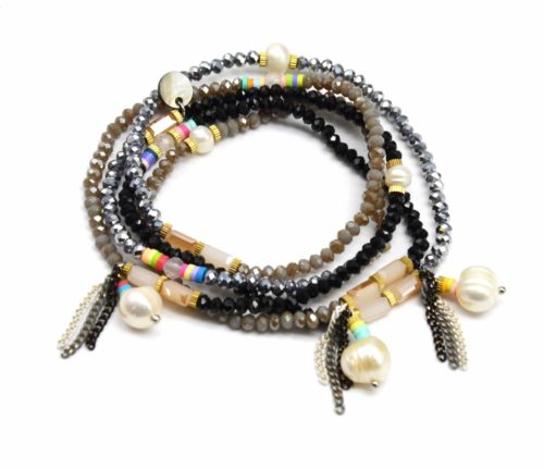 Bracelet-Cinq-Tours-Perles-Brillantes-Tricolore-Noir-avec-Pierres-et-Perles-dEau-Douce