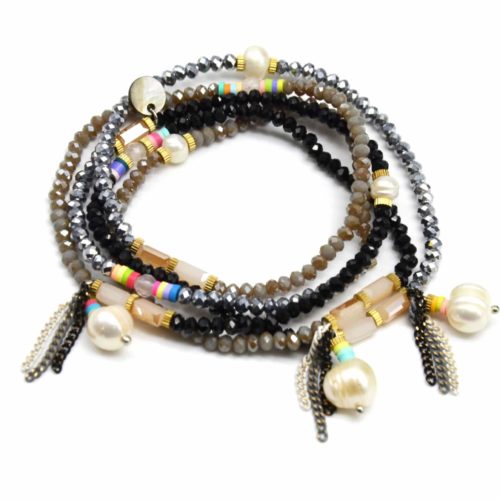Bracelet-Cinq-Tours-Perles-Brillantes-Tricolore-Noir-avec-Pierres-et-Perles-dEau-Douce