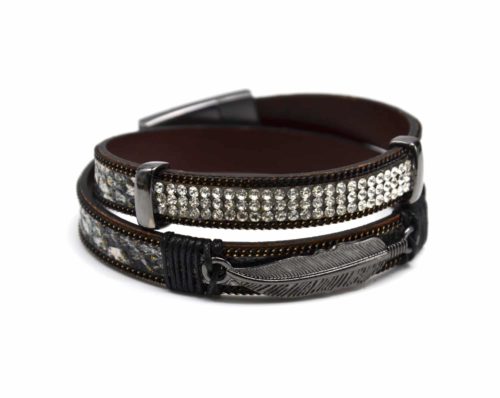 Bracelet-Double-Tour-Motif-Ecailles-Noir-Strass-Chaines-et-Plume-Ethnique