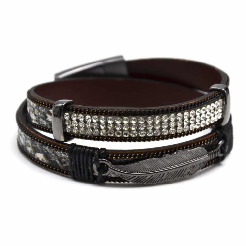 Bracelet-Double-Tour-Motif-Ecailles-Noir-Strass-Chaines-et-Plume-Ethnique