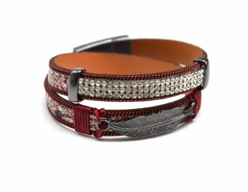 Bracelet-Double-Tour-Motif-Ecailles-Bordeaux-Strass-Chaines-et-Plume-Ethnique