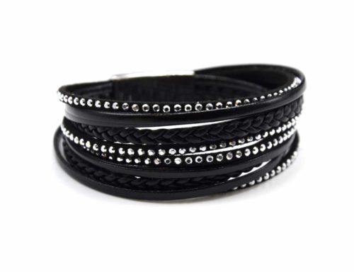 Bracelet-Double-Tour-Multi-Rangs-Simili-Cuir-Vernis-Clous-et-Tresse-Noir