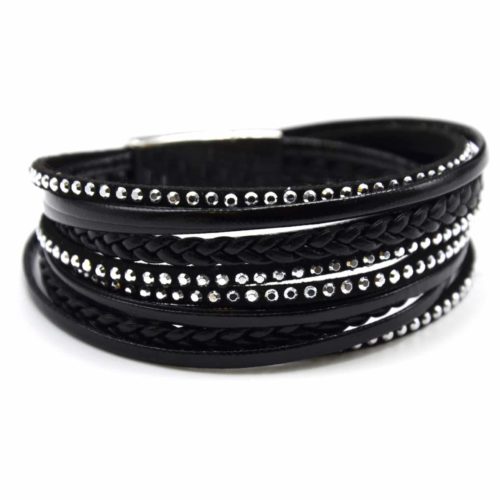 Bracelet-Double-Tour-Multi-Rangs-Simili-Cuir-Vernis-Clous-et-Tresse-Noir