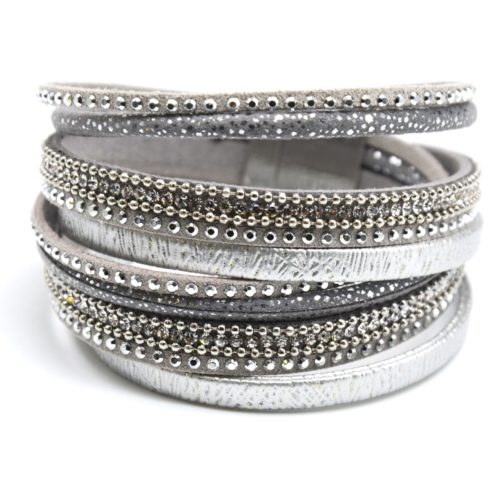 Bracelet-Double-Tour-Multi-Rangs-Brillants-Clous-Strass-et-Chaines-Gris