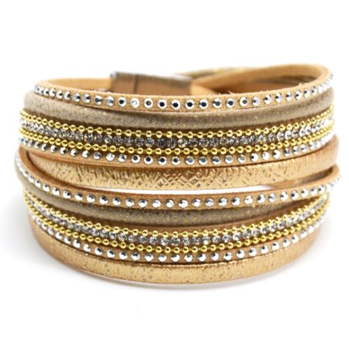 Bracelet-Double-Tour-Multi-Rangs-Brillants-Clous-Strass-et-Chaines-Beige