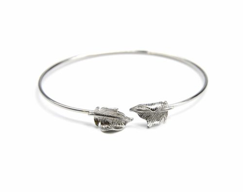 Bracelet-Jonc-Ouvert-avec-Double-Feuille-Relief-Metal-Argente