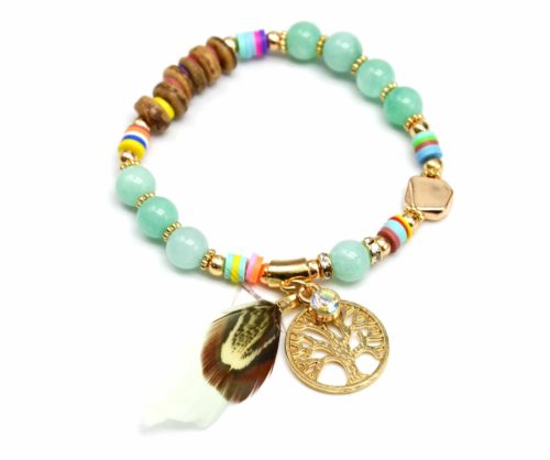 Bracelet-Elastique-Perles-et-Pieces-Bois-avec-Charm-Arbre-de-Vie-et-Plume-Ethnique-Vert-dEau