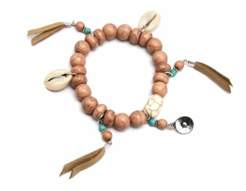 Bracelet-Elastique-Perles-Effet-Marbre-avec-Charms-Cauris-et-Franges-Taupe