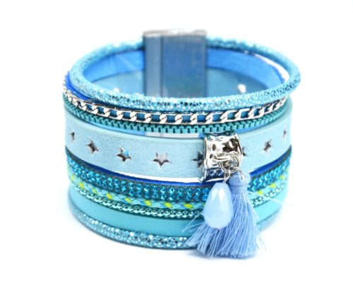 Bracelet-Manchette-Multi-Rangs-Simili-Cuir-Etoiles-Chaines-Strass-avec-Charms-Perle-et-Pompon-Bleu