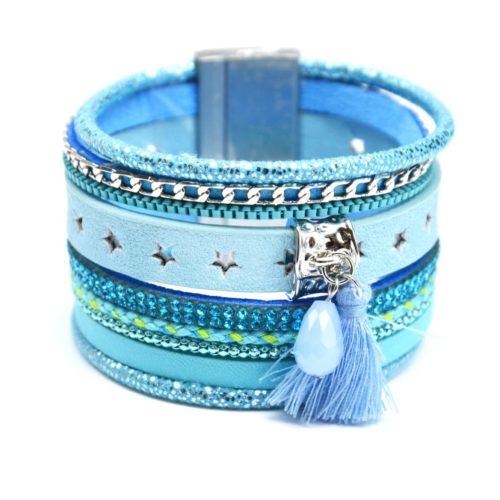 Bracelet-Manchette-Multi-Rangs-Simili-Cuir-Etoiles-Chaines-Strass-avec-Charms-Perle-et-Pompon-Bleu