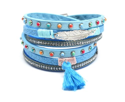 Bracelet-Double-Tour-Multi-Rangs-Simili-Cuir-Ecailles-Strass-Clous-Multicolore-avec-Plume-et-Pompon-Bleu