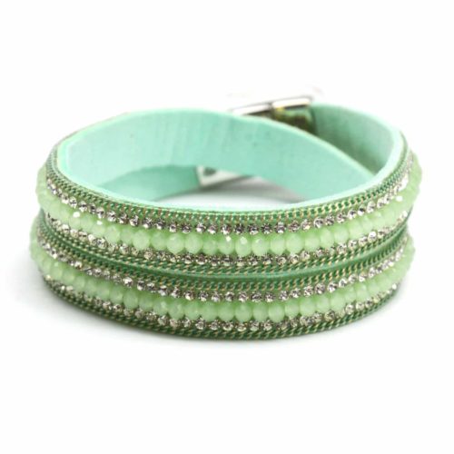 Bracelet-Double-Tour-Feutrine-Perles-Brillantes-Strass-et-Chaines-Vert-dEau