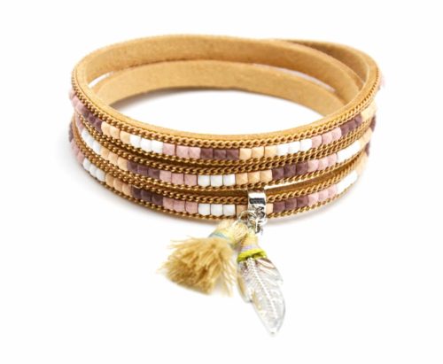 Bracelet-Triple-Tour-Pierres-Contour-Chaine-et-Charms-Plume-Ethnique-Pompon-Beige