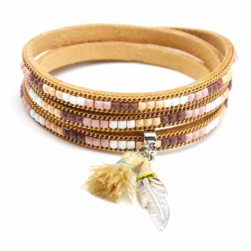 Bracelet-Triple-Tour-Pierres-Contour-Chaine-et-Charms-Plume-Ethnique-Pompon-Beige