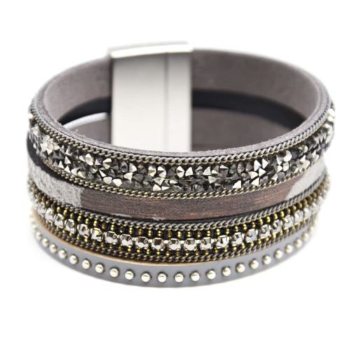 Bracelet-Manchette-Multi-Rangs-Clous-Brillants-Chaines-Gris