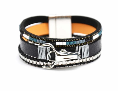 Bracelet-Manchette-Multi-Rangs-Pierres-Chaines-Charm-Buffle-Metal-et-Bande-Satinee-Noir