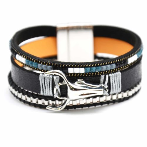 Bracelet-Manchette-Multi-Rangs-Pierres-Chaines-Charm-Buffle-Metal-et-Bande-Satinee-Noir