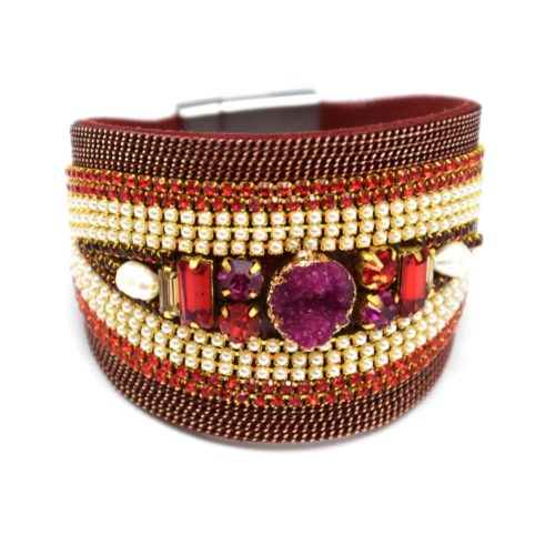 Bracelet-Manchette-Ellipse-avec-Chaines-Strass-Perles-et-Pierres-Rouge