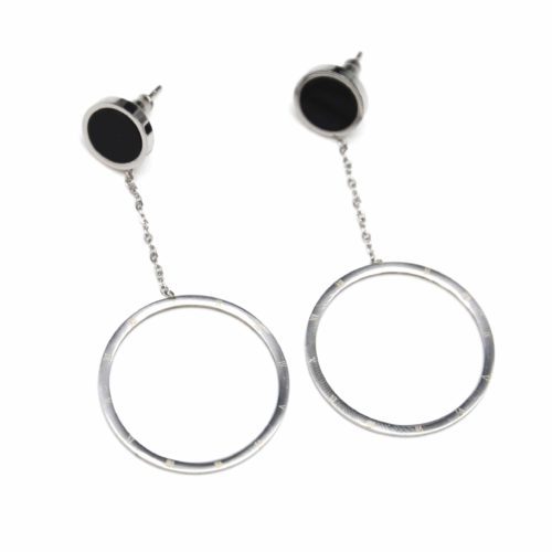 Boucles-dOreilles-Pendantes-avec-Double-Cercles-Noir-et-Contour-Acier-Argente