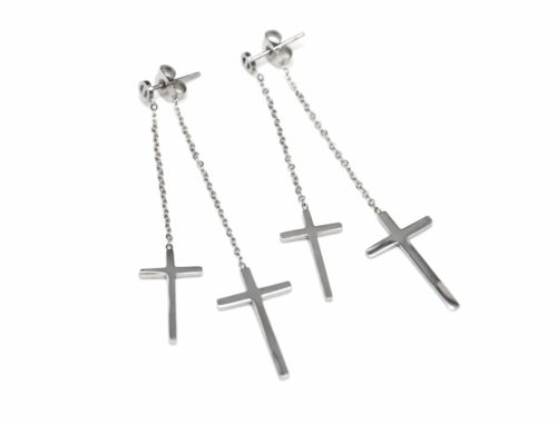 Boucles-dOreilles-Traversantes-2-en-1-Double-Croix-Pendantes-Acier-Argente