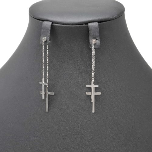 Boucles-dOreilles-Traversantes-2-en-1-Double-Croix-Pendantes-Acier-Argente