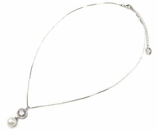 Collier-Fine-Chaine-Metal-Argente-avec-Pendentif-Pierre-Ronde-Zirconium-Strass-et-Perle-Blanche