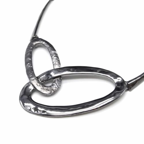 Necklace-breastplate-Statement-pendant-Double-oval-hollow-Metal-gloss-grey-and-Mat-Relief