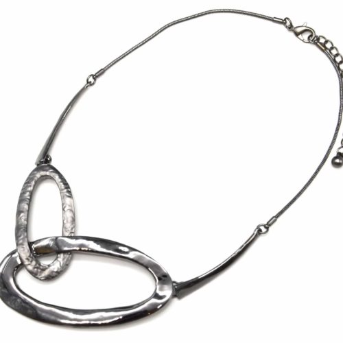 Necklace-breastplate-Statement-pendant-Double-oval-hollow-Metal-gloss-grey-and-Mat-Relief