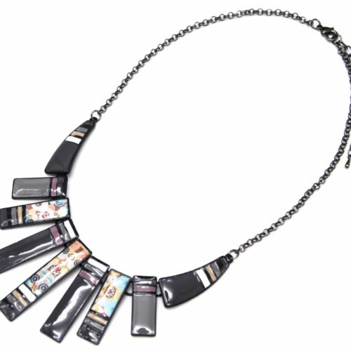 Necklace-breastplate-pendant-Multi-bars-Email-grey-Motif-Paisley-et-Chain-Metal