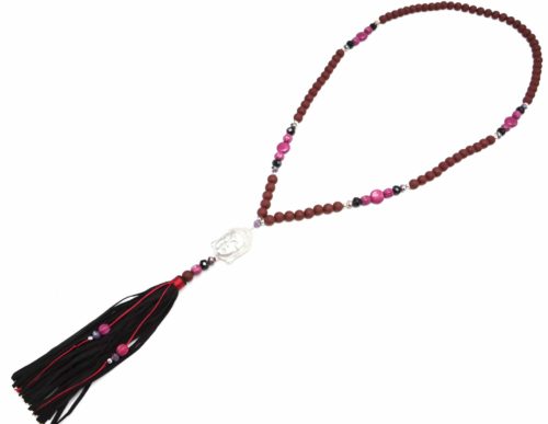 Sautoir-Collier-Perles-et-Pierres-Framboise-avec-Bouddha-Metal-Argente-et-Pompon-Noir