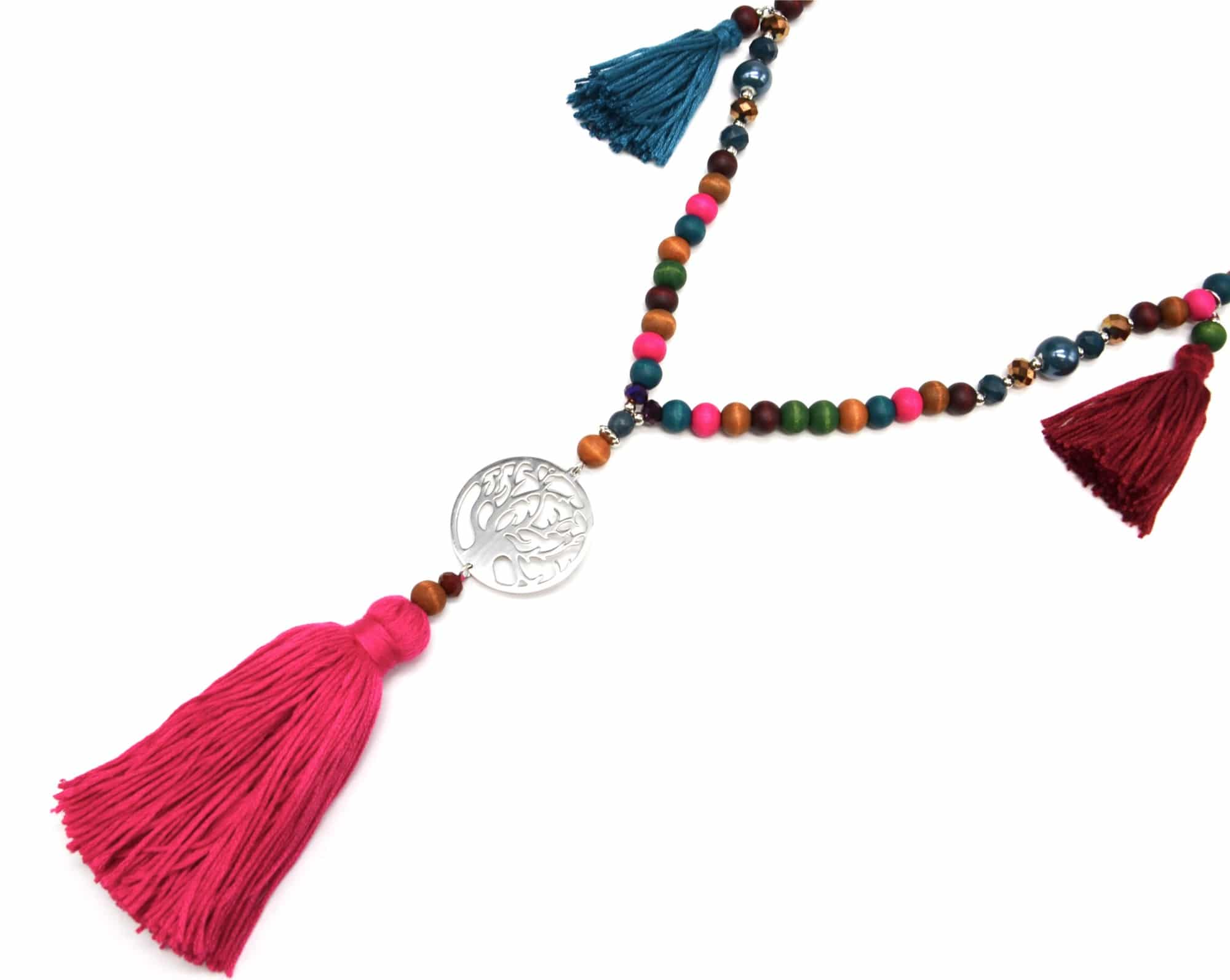Sautoir-Collier-Perles-et-Pierres-avec-Arbre-de-Vie-Metal-Argente-et-Pompons-Fils-Multicolore