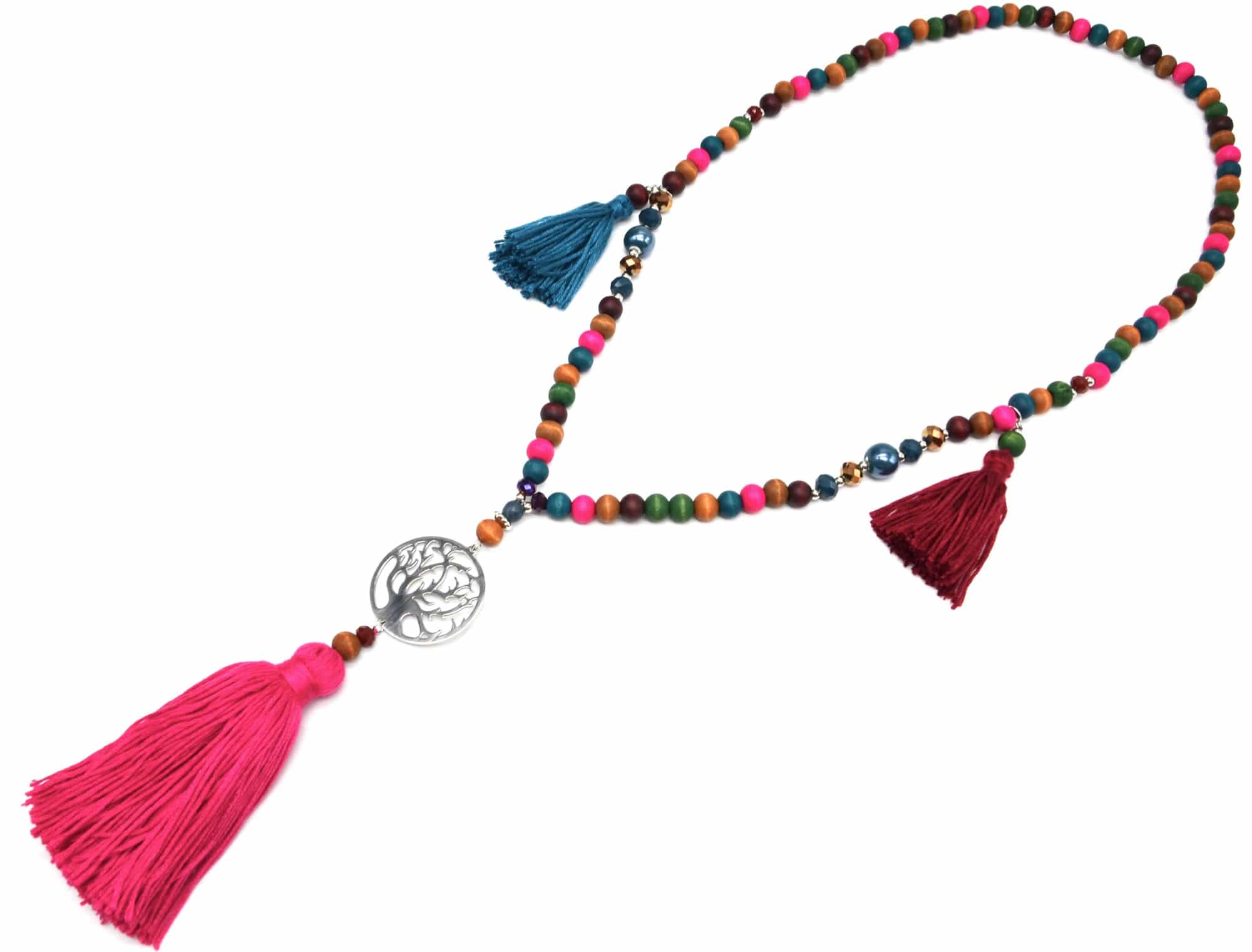 Sautoir-Collier-Perles-et-Pierres-avec-Arbre-de-Vie-Metal-Argente-et-Pompons-Fils-Multicolore