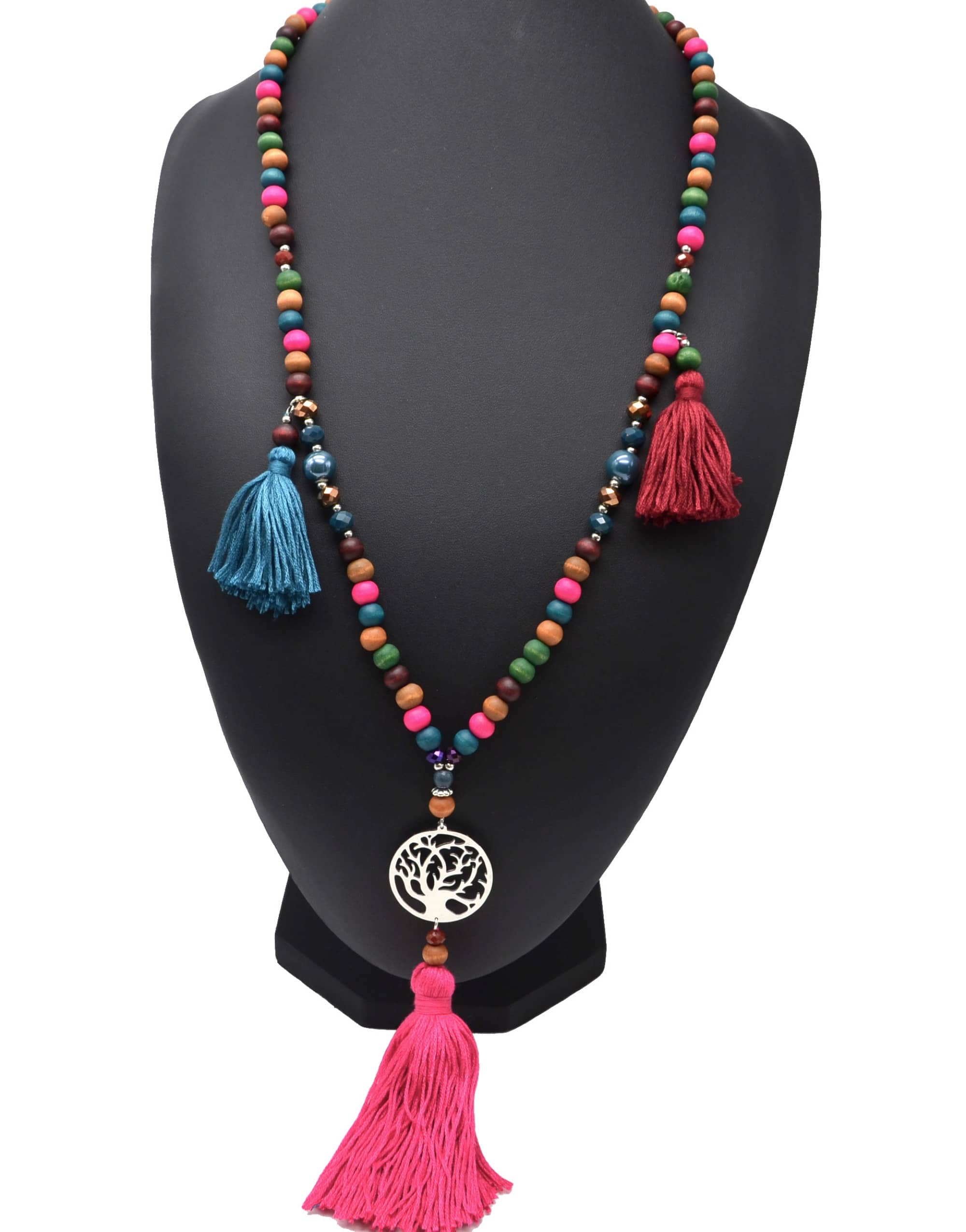 Sautoir-Collier-Perles-et-Pierres-avec-Arbre-de-Vie-Metal-Argente-et-Pompons-Fils-Multicolore