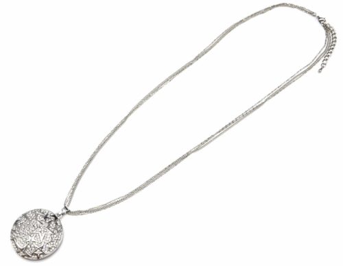 Sautoir-Collier-Multi-Chaines-Pendentif-Cercle-Etoiles-Strass-et-Metal-Argente