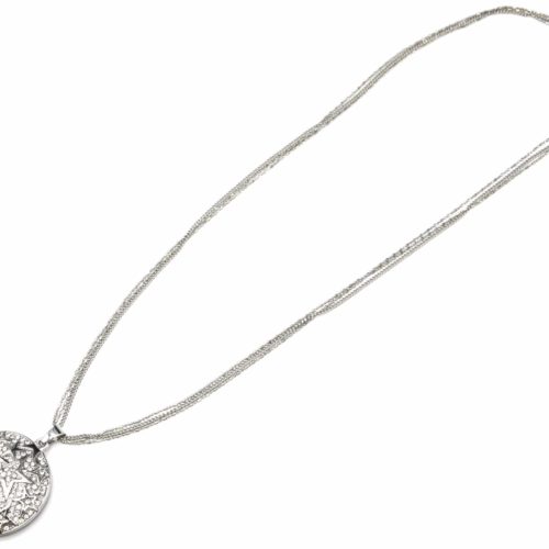 Sautoir-Collier-Multi-Chaines-Pendentif-Cercle-Etoiles-Strass-et-Metal-Argente