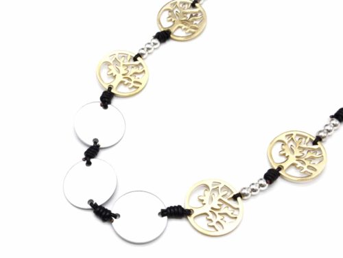 Sautoir-Collier-Cordons-Noir-avec-Charms-Cercles-et-Arbres-de-Vie-XXL-Metal-Mat-DoreArgente
