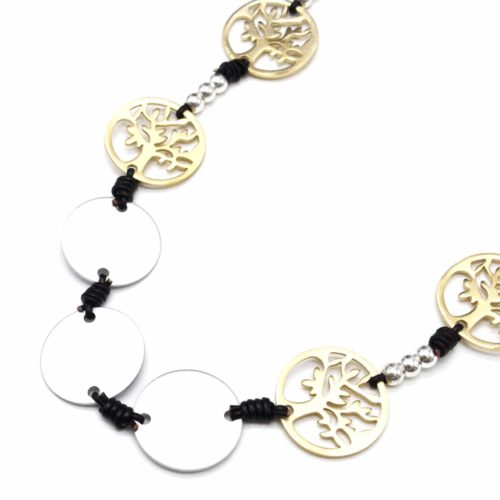 Sautoir-Collier-Cordons-Noir-avec-Charms-Cercles-et-Arbres-de-Vie-XXL-Metal-Mat-DoreArgente