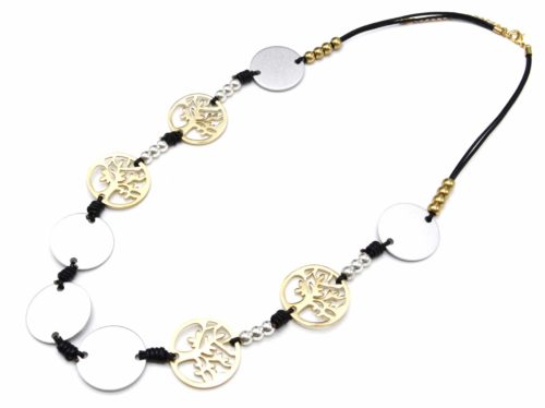Sautoir-Collier-Cordons-Noir-avec-Charms-Cercles-et-Arbres-de-Vie-XXL-Metal-Mat-DoreArgente
