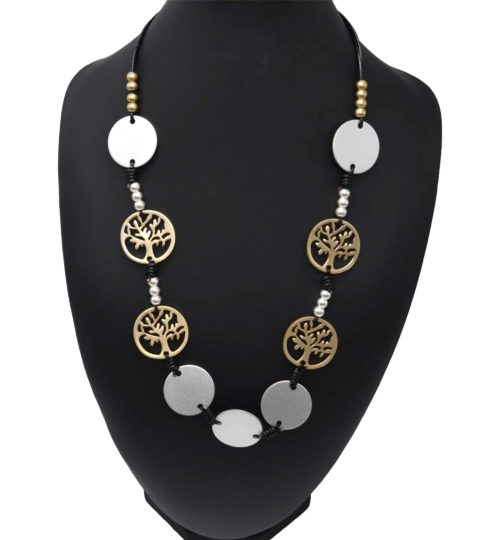 Sautoir-Collier-Cordons-Noir-avec-Charms-Cercles-et-Arbres-de-Vie-XXL-Metal-Mat-DoreArgente