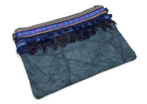 Pochette-Sac-Bandouliere-Effet-Jean-Denim-Bleu-avec-Clous-Ruban-Ethnique-Pompons-Boule-et-Plumes