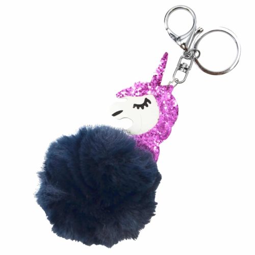 Porte-Cles-Bijou-de-Sac-Licorne-Paillettes-Rose-avec-Pompon-Fourrure-Bleu-Nuit