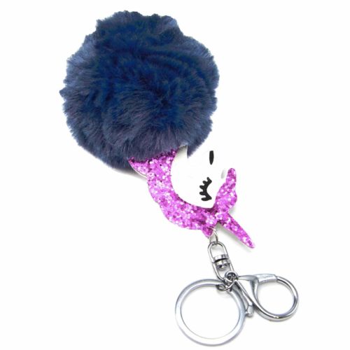 Porte-Cles-Bijou-de-Sac-Licorne-Paillettes-Rose-avec-Pompon-Fourrure-Bleu-Nuit