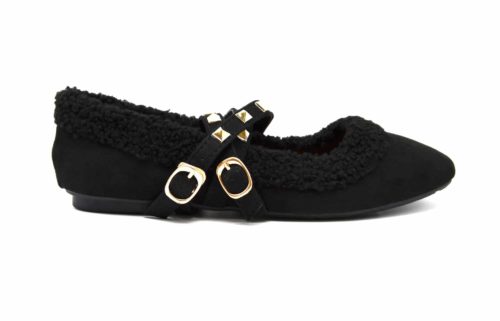 Ballerines-Effet-Daim-et-Peau-de-Mouton-avec-Brides-Clous-Dores-et-Bord-Carre-Noir