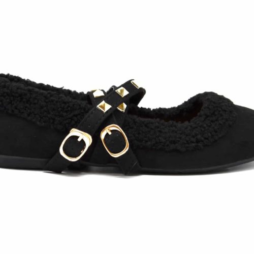 Ballerines-Effet-Daim-et-Peau-de-Mouton-avec-Brides-Clous-Dores-et-Bord-Carre-Noir