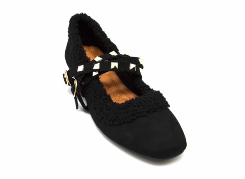 Ballerines-Effet-Daim-et-Peau-de-Mouton-avec-Brides-Clous-Dores-et-Bord-Carre-Noir