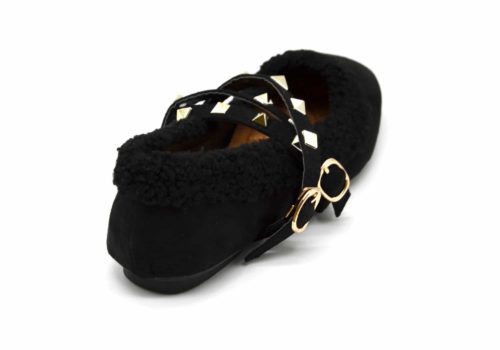 Ballerines-Effet-Daim-et-Peau-de-Mouton-avec-Brides-Clous-Dores-et-Bord-Carre-Noir