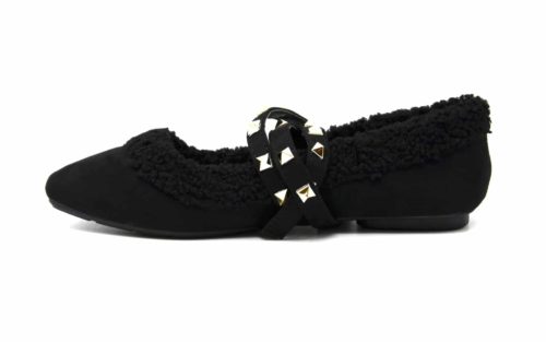 Ballerines-Effet-Daim-et-Peau-de-Mouton-avec-Brides-Clous-Dores-et-Bord-Carre-Noir