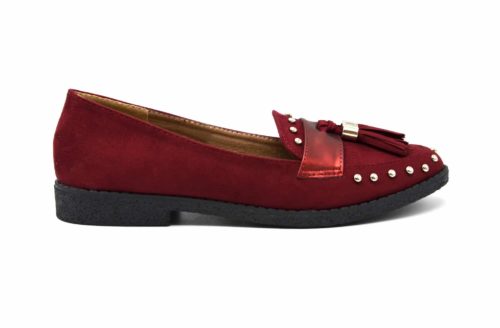 Mocassins-Effet-Daim-avec-Clous-Dores-Bande-Satinee-et-Double-Pompons-Bordeaux