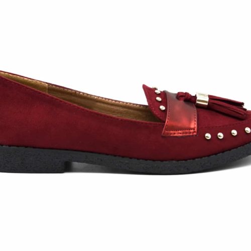 Mocassins-Effet-Daim-avec-Clous-Dores-Bande-Satinee-et-Double-Pompons-Bordeaux