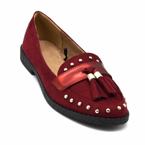 Mocassins-Effet-Daim-avec-Clous-Dores-Bande-Satinee-et-Double-Pompons-Bordeaux